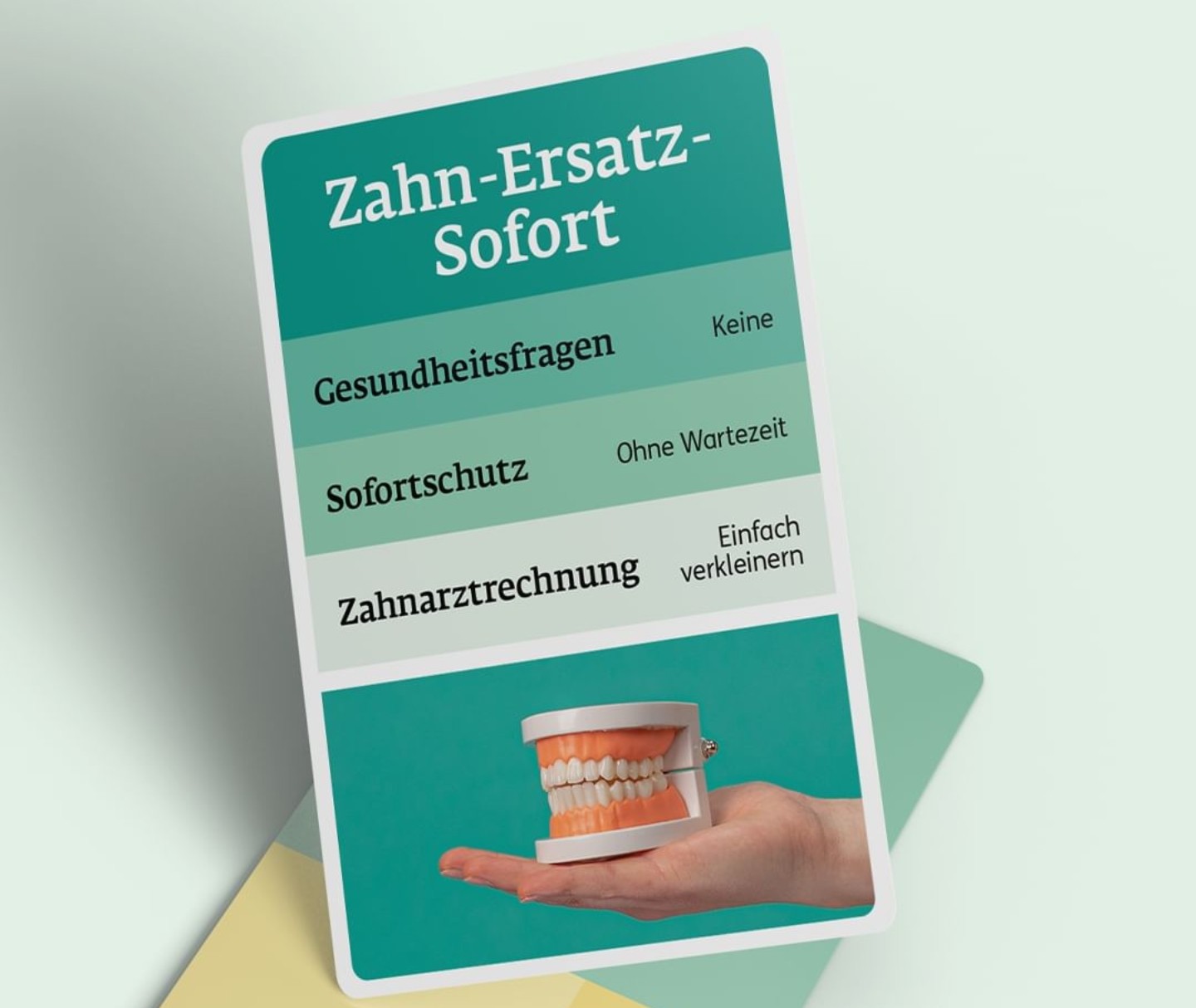 Grafik zum Tarif Zahnersatz Sofort mit Hinweisen zu Gesundheitsfragen, Wartezeit und Zahnarztrechnung